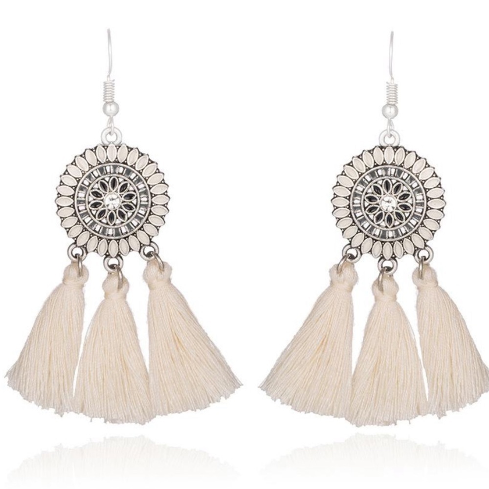 Rhinestone Sunflower Yarn Tassel Drop Earrings